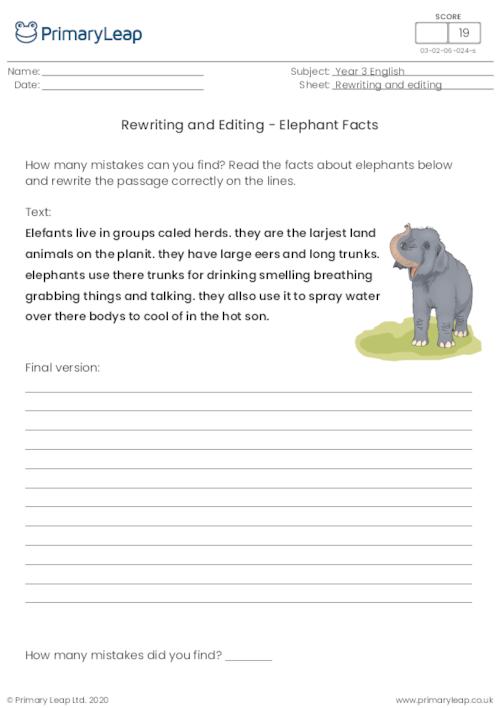 literacy rewriting and editing elephant facts worksheet primaryleap co uk