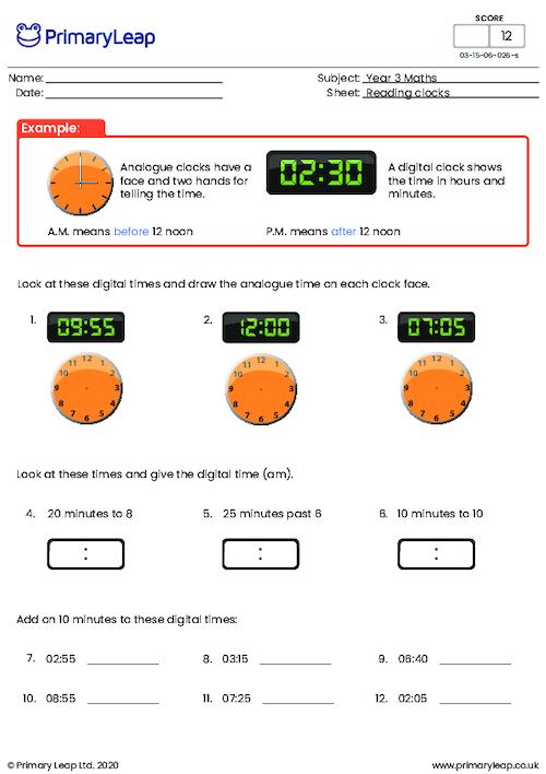 Numeracy: Reading clocks | Worksheet | PrimaryLeap.co.uk