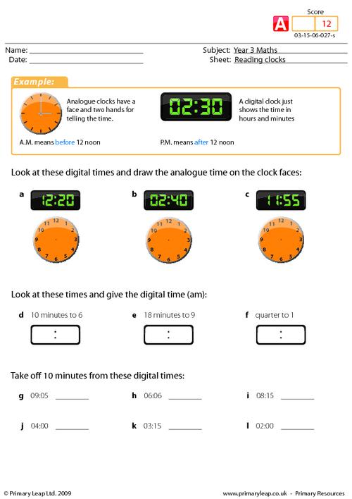 numeracy reading clocks worksheet primaryleapcouk
