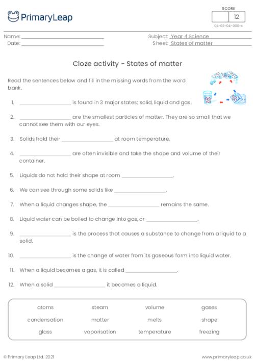 science cloze activity states of matter facts worksheet primaryleap co uk