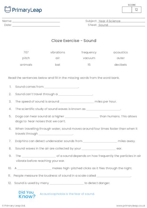 science cloze exercise sound worksheet primaryleapcouk