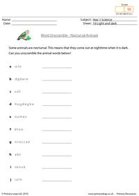 Word unscramble - Nocturnal animals