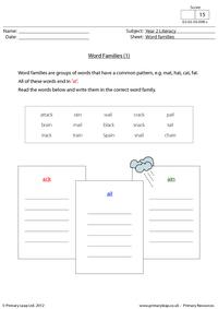 Word families - 'ack', 'ail' and 'ain'