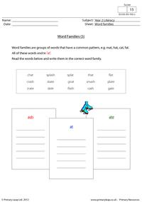Word families - 'ash', 'at' and 'ate'