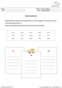 Word families - 'ice', 'ick' and 'ide'