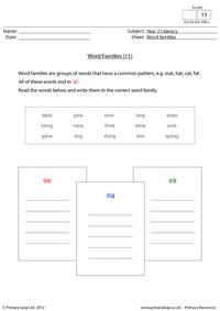 Word families - 'ine', 'ing' and 'ink'