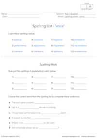 Spelling List - 'ance' 