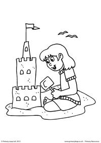 Girl with sandcastle - Colouring page